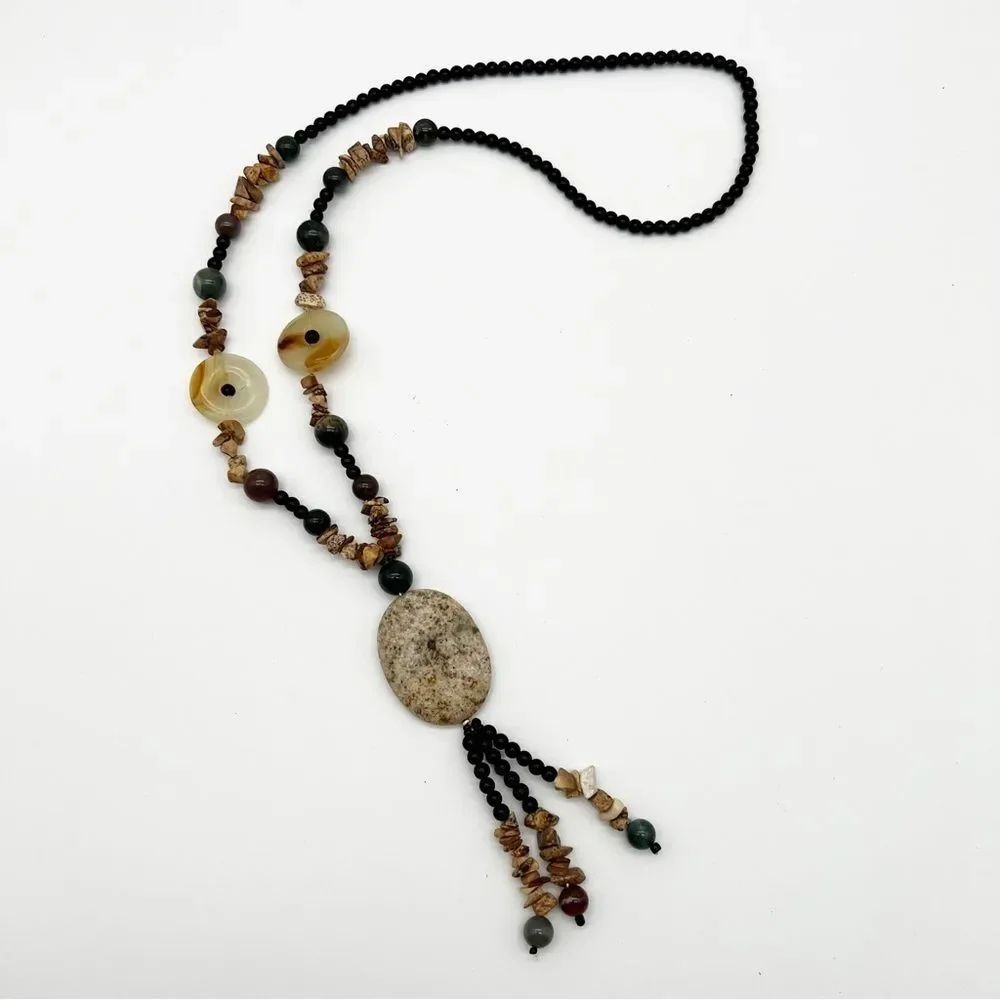 Natural Stone Round Bead Oval Pendant Chip Tassel Boho Fashion Necklace 34”